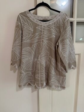 Chico's Beige Top with White Floral Embroidery